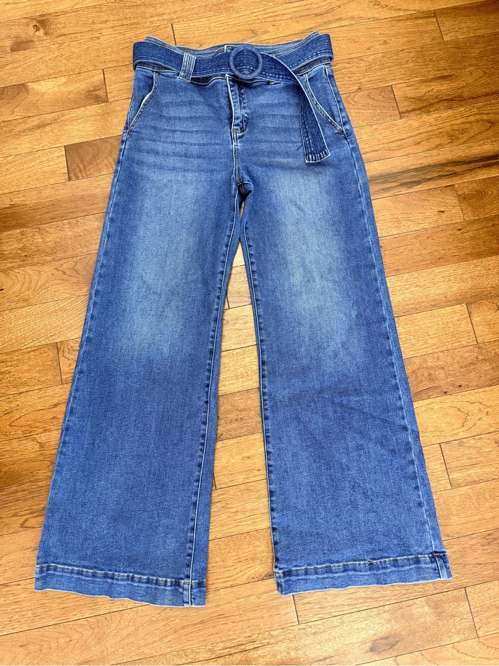 High-Rise Wide-Leg Jeans with Self-Tie Belt - Medium Blue